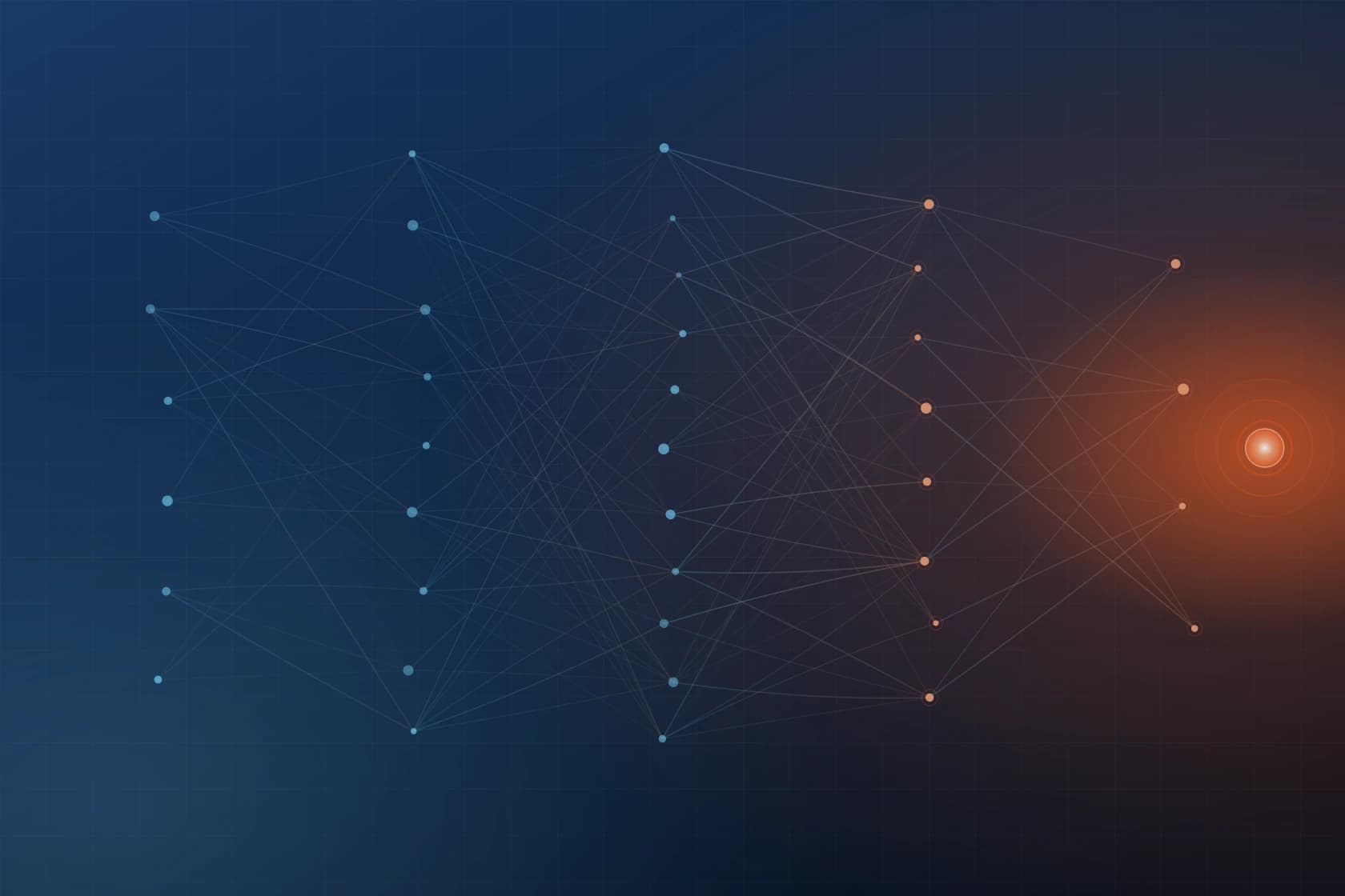 A layered neural network resolving toward a bright result, representing applied AI research