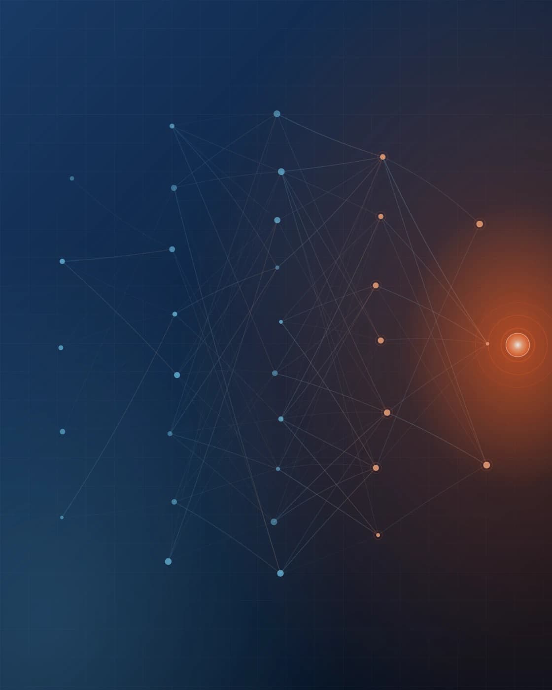 A dense constellation of connected nodes converging on a bright point of insight
