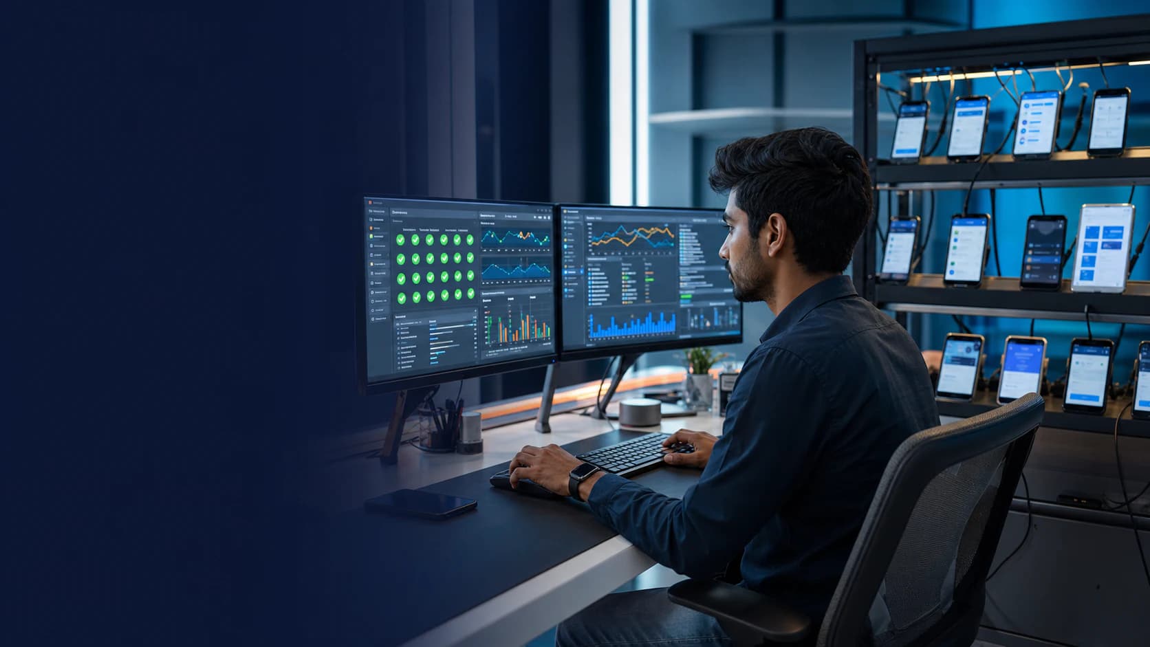 AAITS quality engineer reviewing automated tests across devices