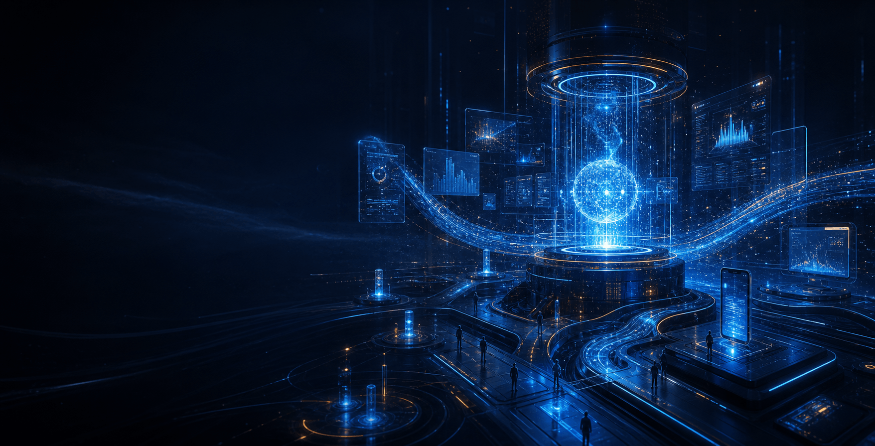A cinematic digital ecosystem connecting AI, web, mobile and data platforms